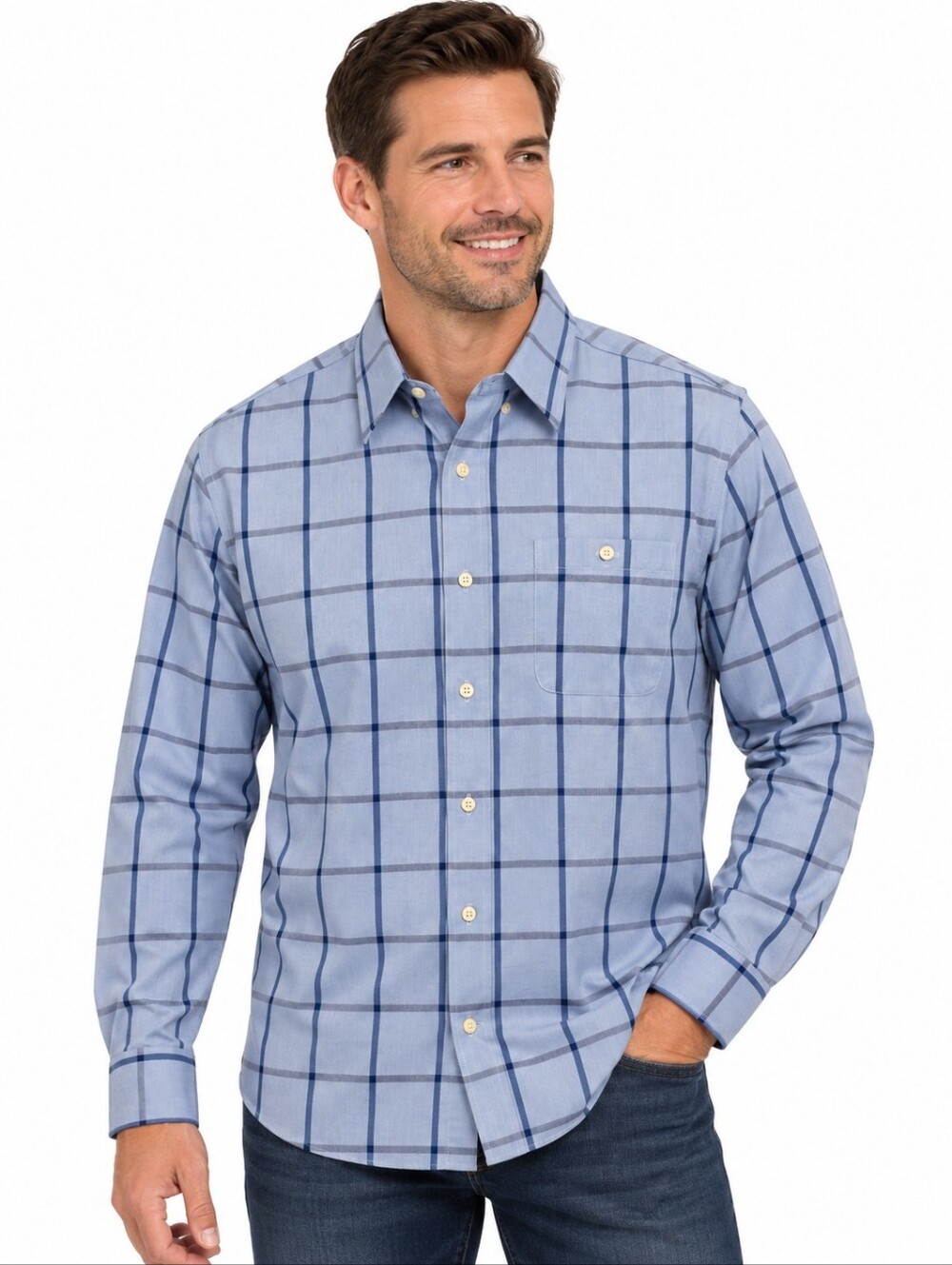 Orvis Mens Button Down Shirt Blue Plaid Size XL Heavy Preppy Office Wrinkle Free